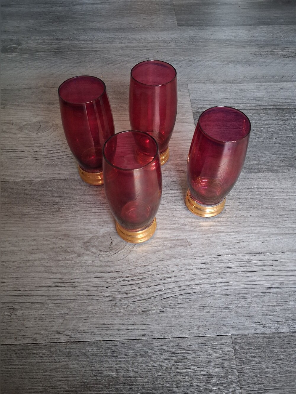 Set of 4 Ruby Red Glasses with Amber Bases